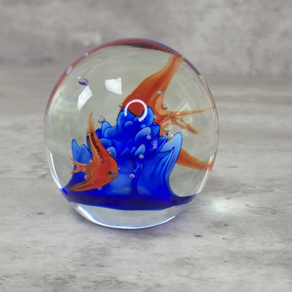 Other - Hand Blown Glass Paperweight Aquarium Orange Fish Blue Coral Art Decor 3" Sphere